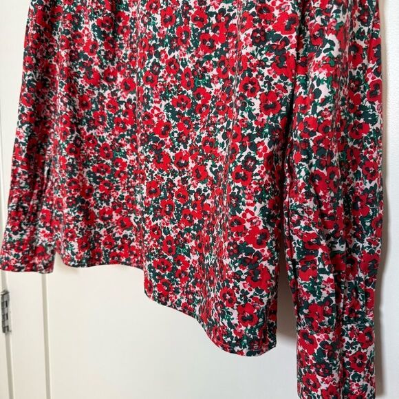 J Crew Top Blouse Sz S Red Floral Poppy Pansy Print Ruffle Long Sleeve Stretch - Picture 3 of 12